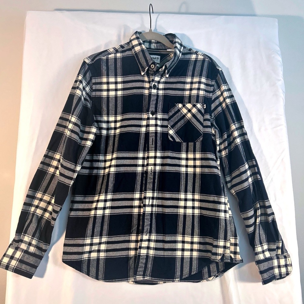 Timberland Mens Navy Blue White Plaid Flannel Shirt Regular Fit Medium L/S